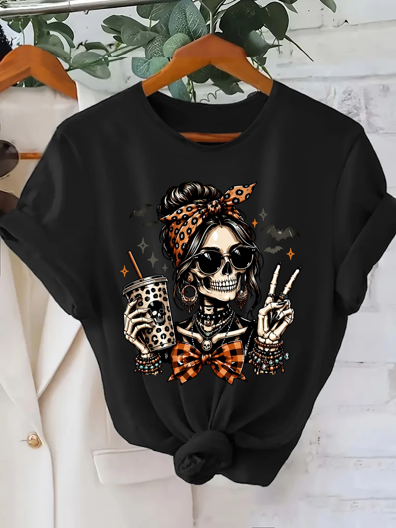 Halloween Skeleton Female Figure with Leopard Headscarf Print Top Women's Fashion Glasses Plaid Bow and Drink Cup Trendy T Shirt