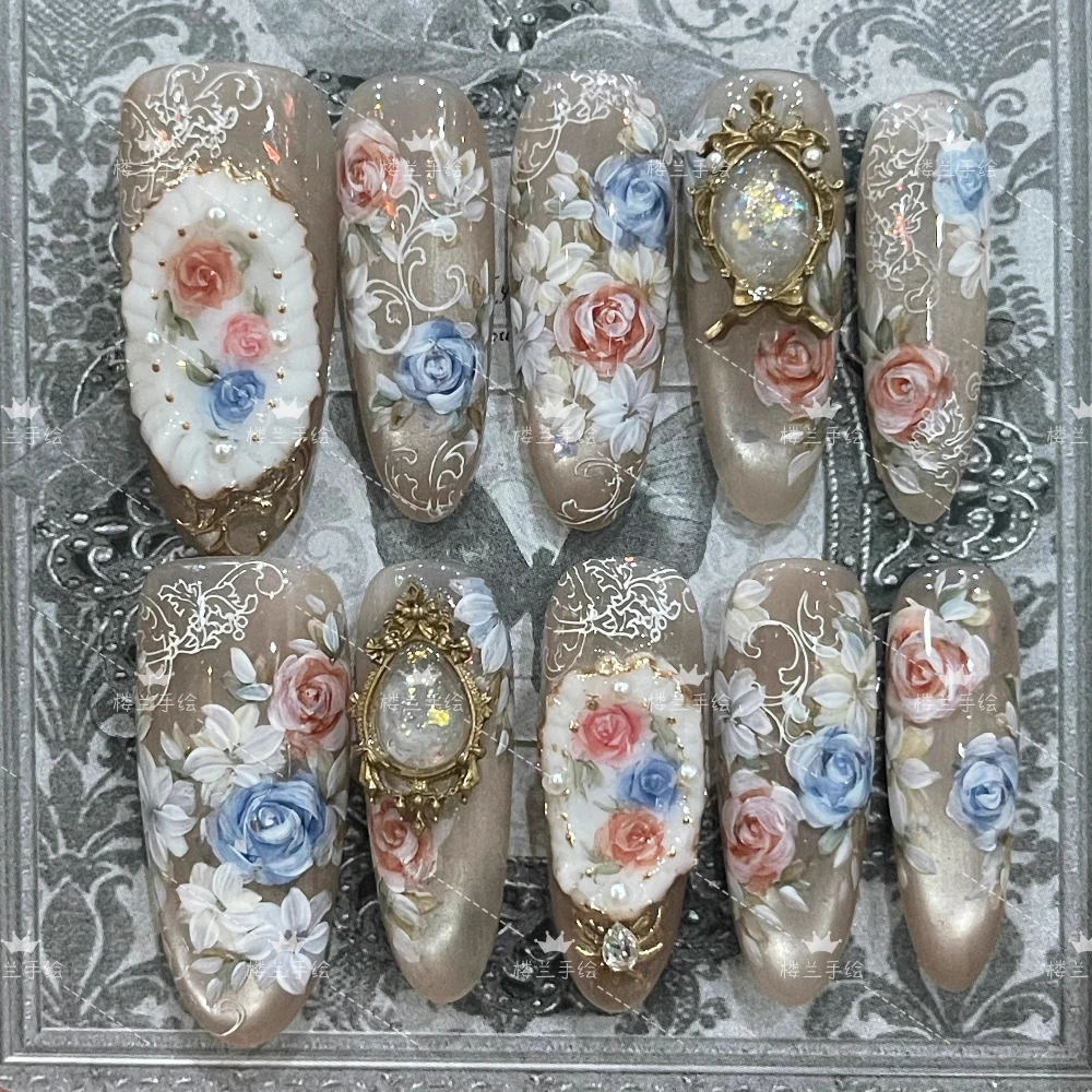 جودة عالية خمر المحكمة اليدوية طويلة القطع الناقص اضغط على مسمار رسمت باليد الزهور فراشة القط العين اللؤلؤ حجر الراين الأظافر وهمية #6