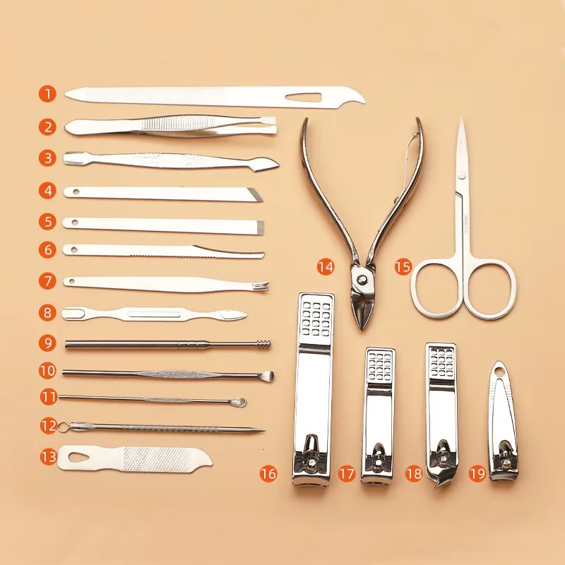 19 個マニキュアセットペディキュア爪はさみツール爪切りセットステンレス鋼マニキュアカッタートリマー耳スプーン爪切り
