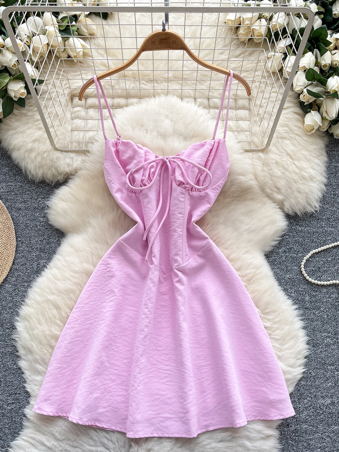 فستان صيفي نسائي بتصميم عطلة الشاطئ، برباط خلفي مثير، يبرز الخصر، تنورة قصيرة بأسلوب كوري عالي الخصر