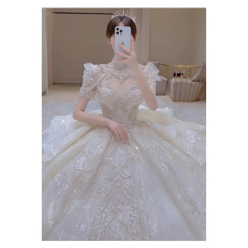 Wedding Dress gala Lace Maxi gown French Style Luxury princess tassels half sleeve Bride dresses H899