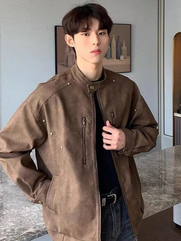 

Мужская кожаная куртка в американском ретро-стиле для мотоциклистов, осенне-зимняя, с металлической молнией и воротником-стойкой, дизайнерская модель