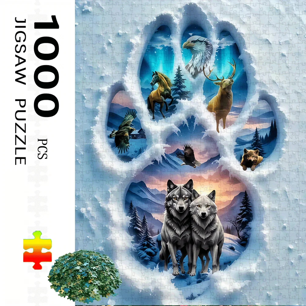 1000pcs Wolf and Horse Puzzle - Large Winter Scene with Snowy Mountain Peaks, Wolves, Deer - Challenging Jigsaw for Adults & F