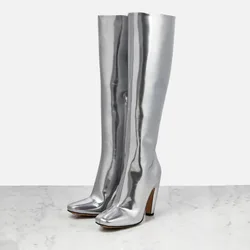 New Black Woven Silver Flat Round Head Knee High Boots Night Club Walk Show Stage Performance Fashion High Heel Motorcycle Boots