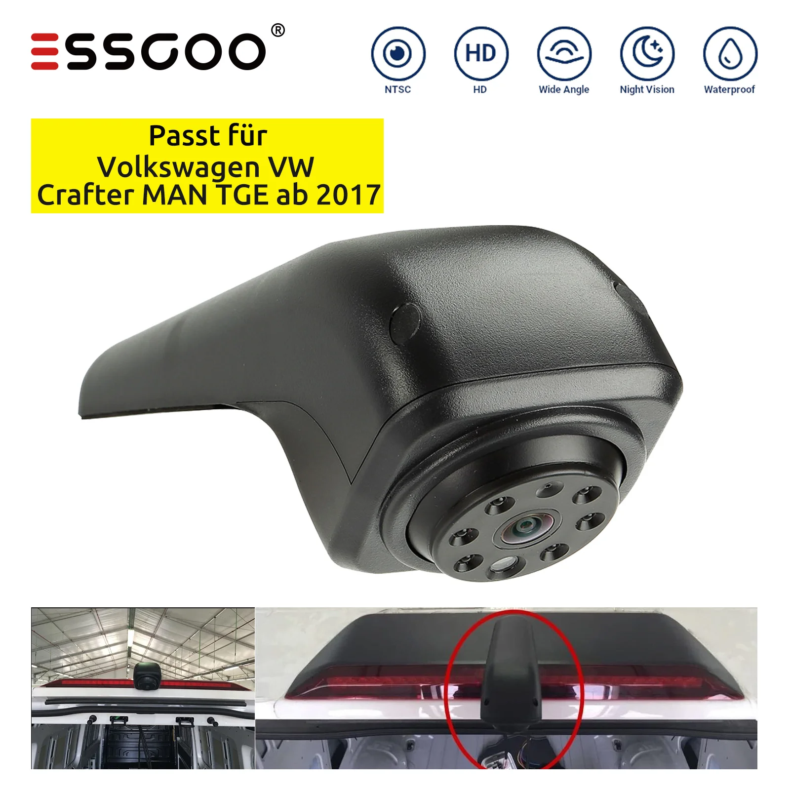 ESSGOO Reversing Rear View Backup Camera Night Vision 3rd Brake Light Cam for VW Crafter from 2017 Transporter