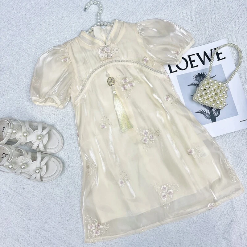 Girl\'s 2024 Summer Fashion Solid Color Short sleeved Ancient Style Pearl White Jade Beauty Dress