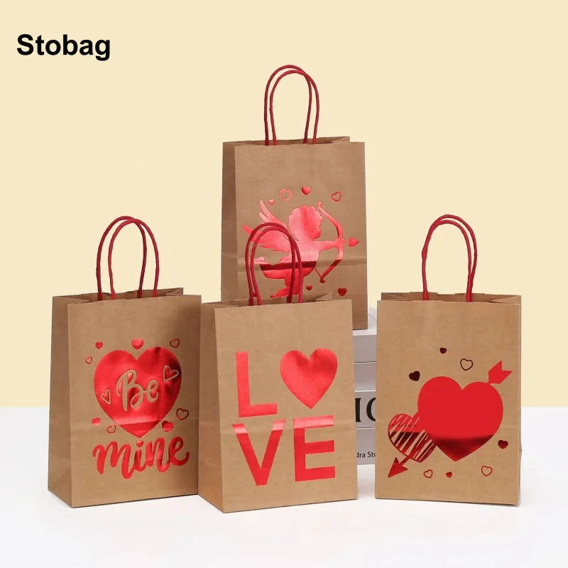 

StoBag 24pcs Happy Valentine's Day Kraft paper Gift Tote Bags Decoration Packaging for Candy Snack Storage Pouch Party Favors