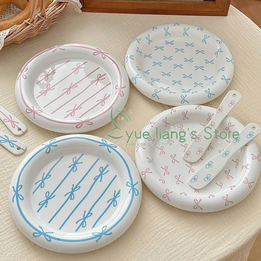 Korean Girl Heart Bow Dinner Plate，Pink Dessert Plate Breakfast Plate ，Salad Plate， Exquisite Afternoon Tea Dish