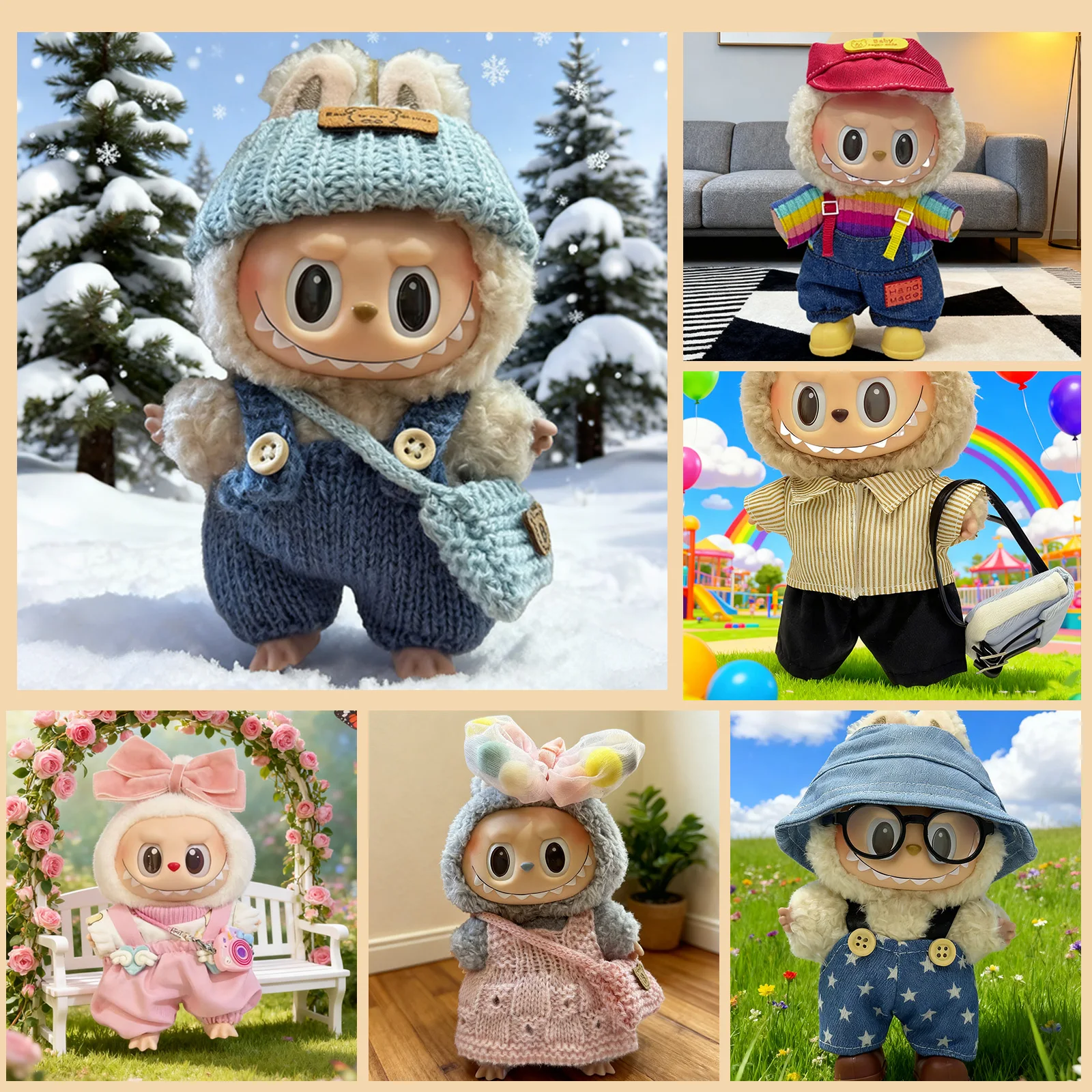 

For Labubu Clothes Outfits Fashion Hoodies Doll Clothes Set for 15/17cm Doll Overalls Hat Set Doll Clothing Accessories Gifts