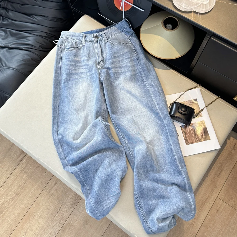 

Light Blue Lace Pocket Color Block High Waist Straight Leg Jeans Women Summer Versatile Heavy Design Sense Long Pants