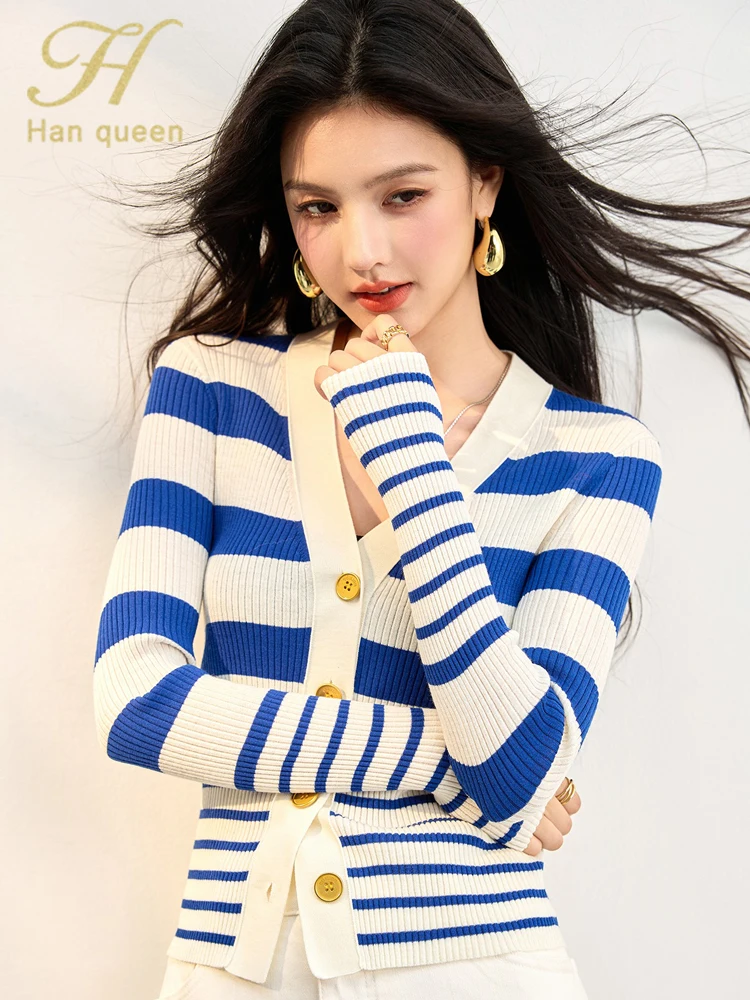 

H Han Queen Autumn Single Breasted Korean V-Neck Striped Jacquard Cardigan Sweater Woman Simple Basic Casual Long Sleeve Tops﻿﻿﻿