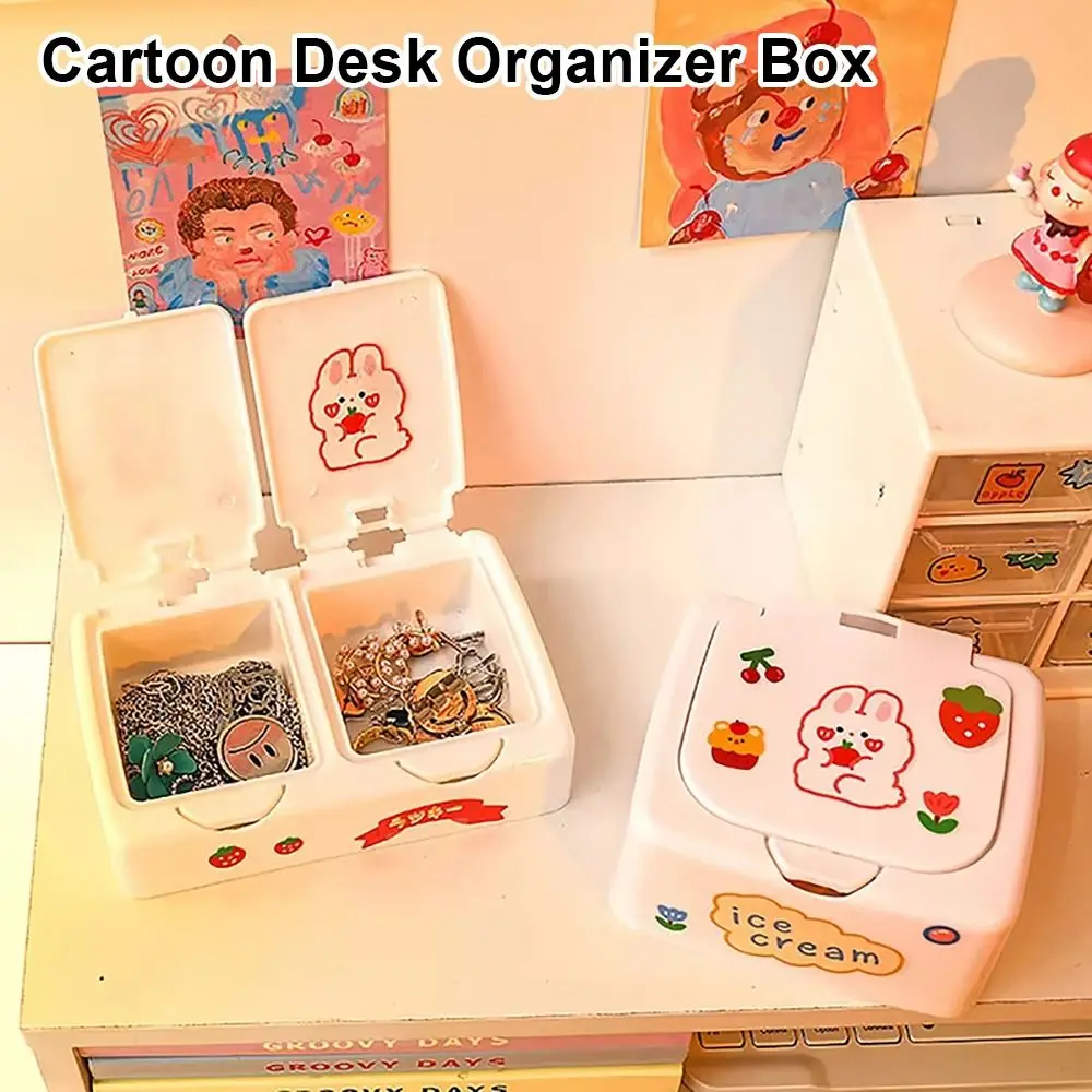 1Pcs Button Desk Organizer Box Kawaii Cartoon Mini Cosmetics Storage Box With Lid Plastic Makeup Organizer Container