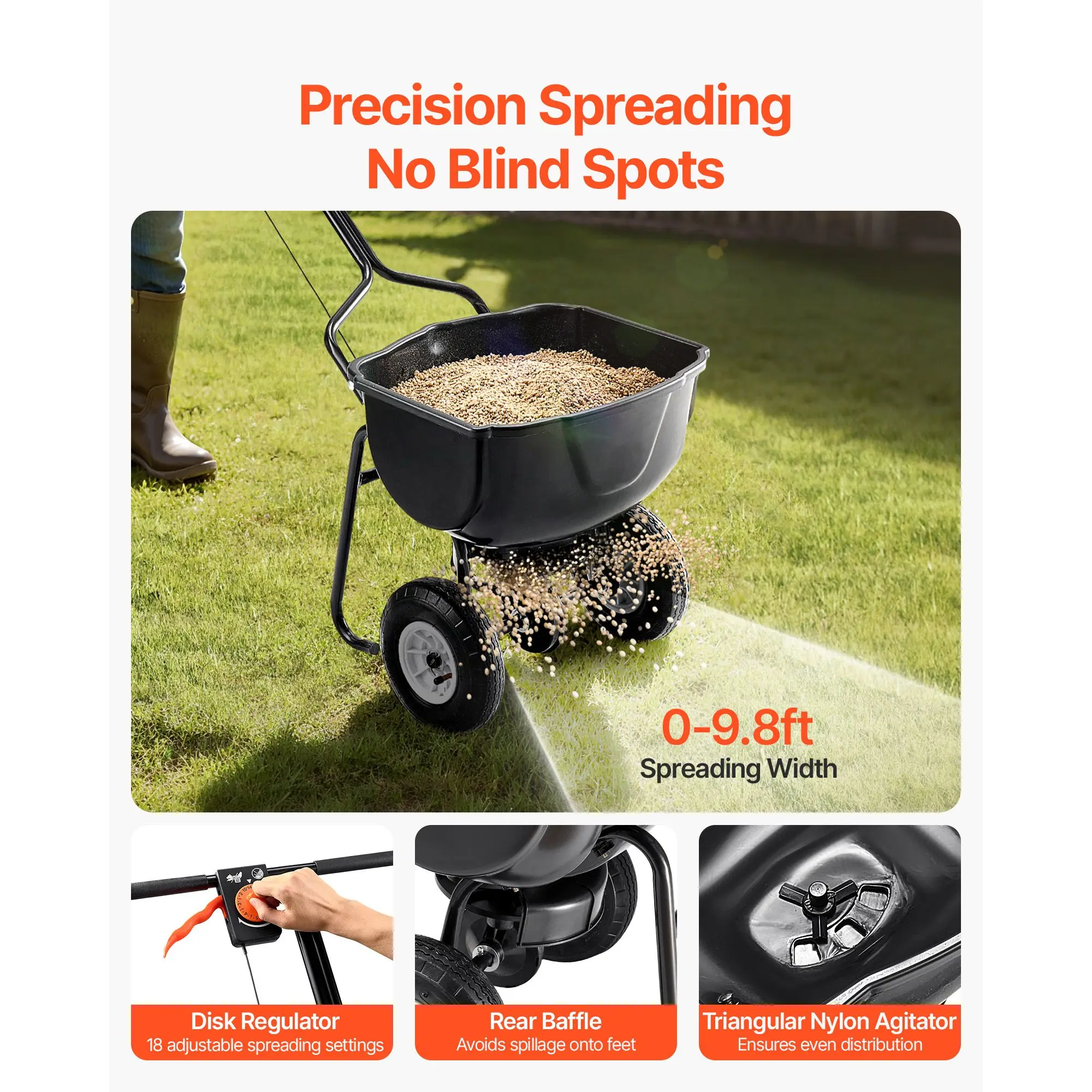 Walk Behind Spreader, 60LBS Capacity, Push with Hopper Grate, 0-9.8 ft Spreading Width, 8 in All Terrain Pneumatic Tires, Garden