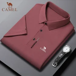 Novo verão bordado camisa polo de seda camelo, moda masculina de alta qualidade, casual, suave, confortável e respirável camiseta topo