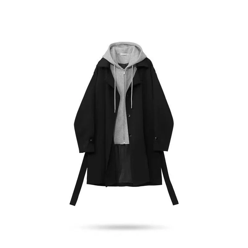 

GIOIOMen's duster, весенне-осенний искусственный двухсекционный свободный плащ средней длины с капюшоном в корейском стиле, куртка-тренч