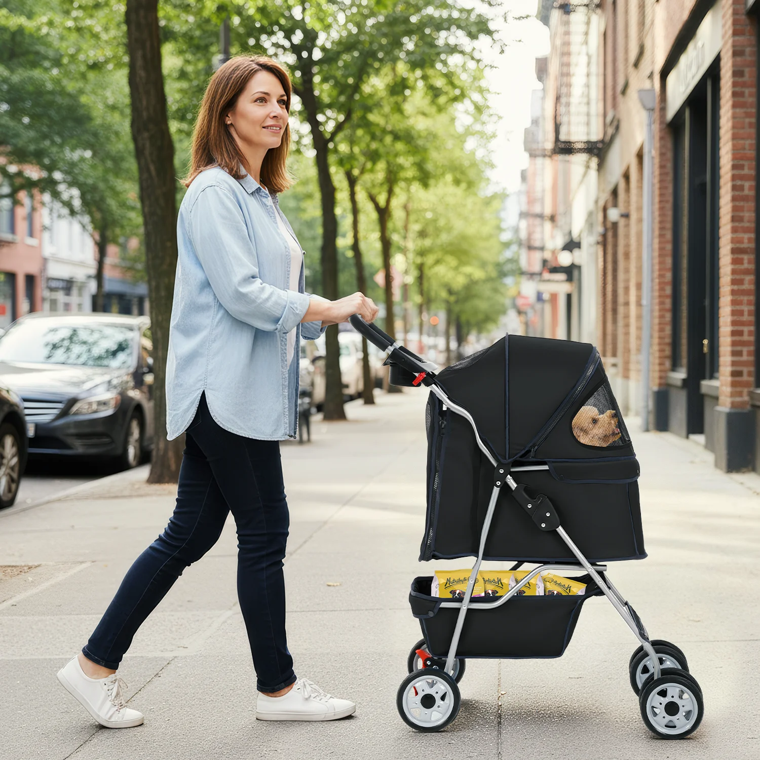 

Pet Stroller 3/4-Wheel, Folding Dog Cat Travel Carrier Puppy Stroller with Cup Holder and Removable Liner for Small Medium Pets