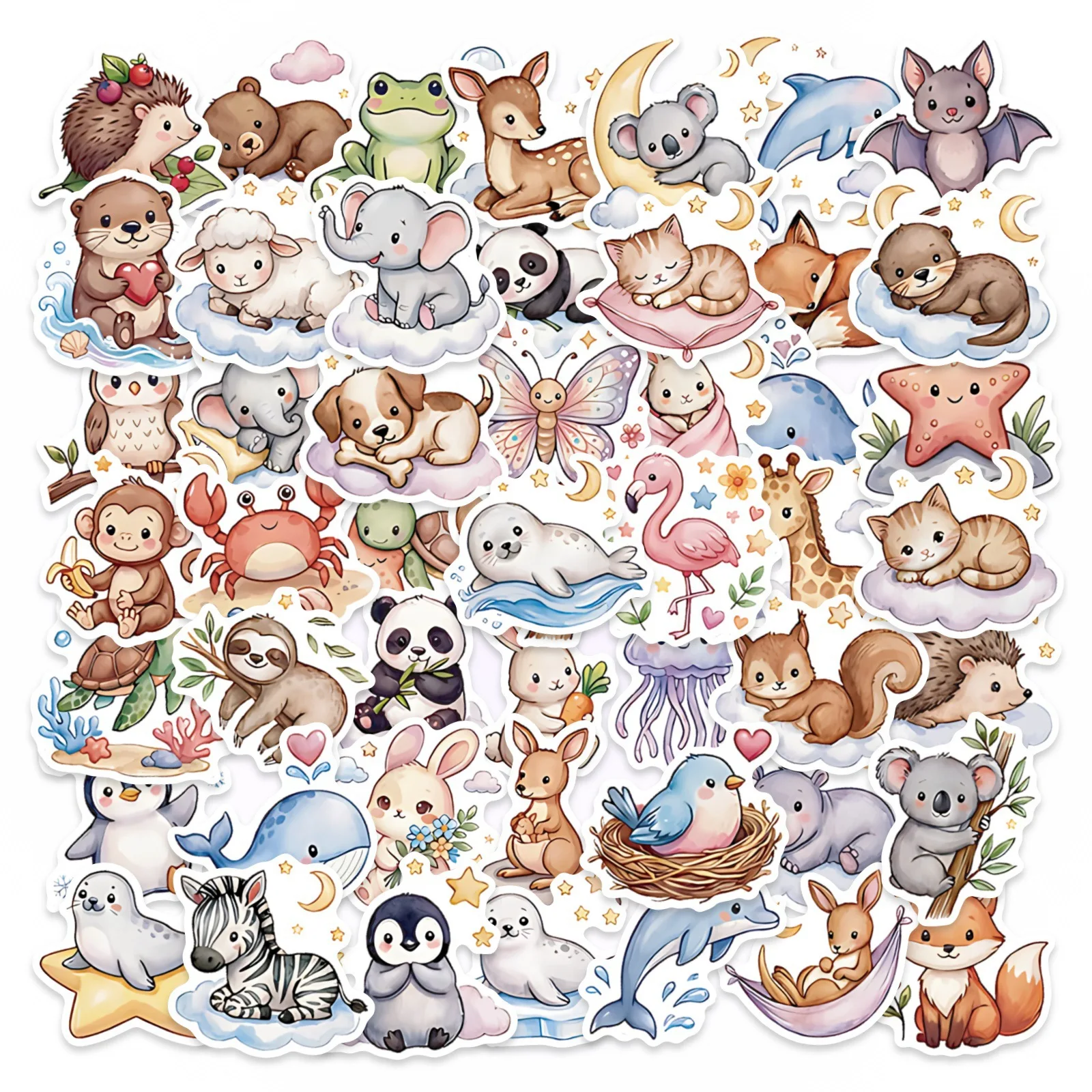 50 Stück Niedliche Aquarell-Heilende-Tier-Aufkleber, Belohnungs-Vinyl-Sticker, Wasserfest für Laptop, Handyhülle, Notizbuch, Wasserflasche, DIY-Aufkleber