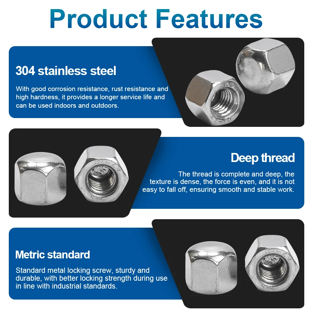 1-20pcs Hex Hexagon Short Low Thin Cap Acorn Nut M3 M4 M5 M6 M8 M10 M12 M14 M16 304 Stainless Steel/Black Steel Cover Blind Nut