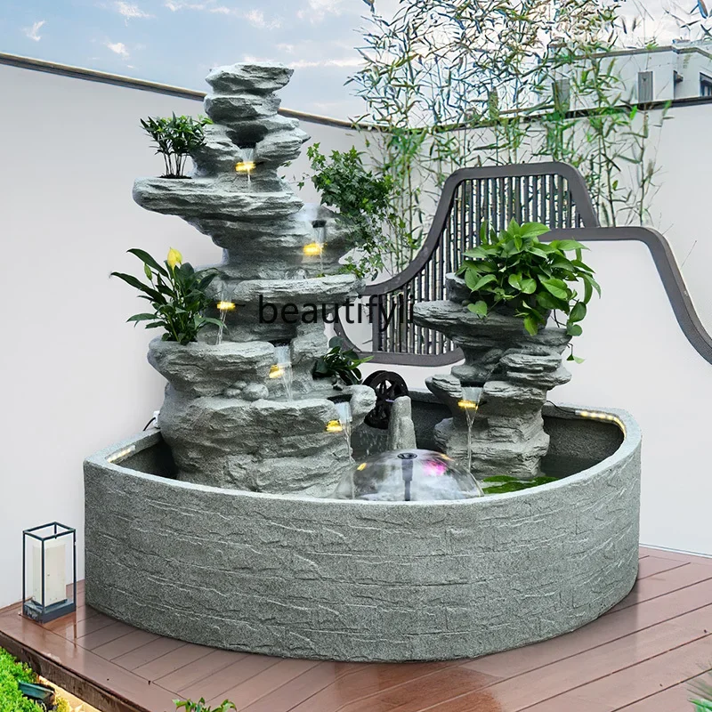 Large garden fish pond circulating water fountain feng shui wheel waterfall landscape entrance outdoor decoration