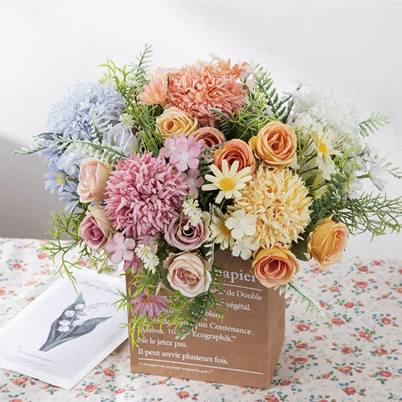 Rosen-Chrysanthemen-Seidenstrauß Künstliche Blumen Hochzeit Zuhause Valentinstag Kranz Gartenbogen DIY-Geschenk Bestseller Brautstrauß – Detail 1