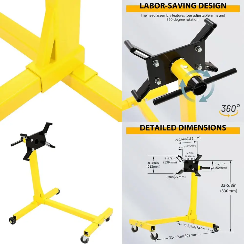 Soporte de motor ajustable de acero de alta resistencia, con recubrimiento en polvo amarillo, soporta hasta 1000 libras.