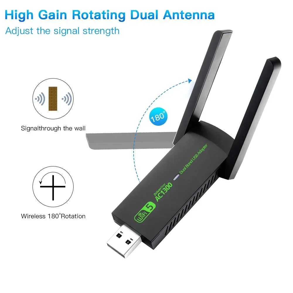 Adaptador WiFi USB de 1300Mbps AC1300 WiFi 5 tarjeta de red Ethernet de doble banda 5G 2,4G USB3.0 WiFi Dongle para PC receptor de ordenador portátil