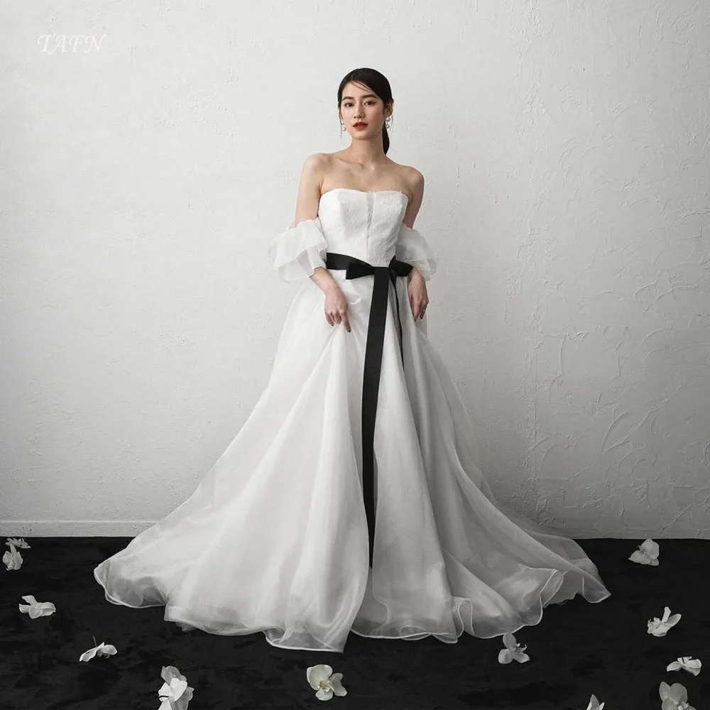 

TAFN A-line Elegant Wedding Dresses Strapless Off the Shoulder Bridal Gown Sweep Train Korea Photo Shoot Custom Made