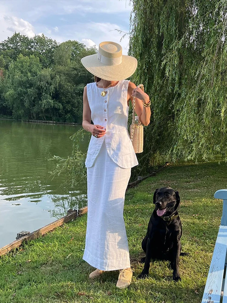 Moda gilet gonne Set donna elegante monopetto Top vita alta gonna Midi vestito femminile 2024 Sping Summer Lady 2 pezzi Set