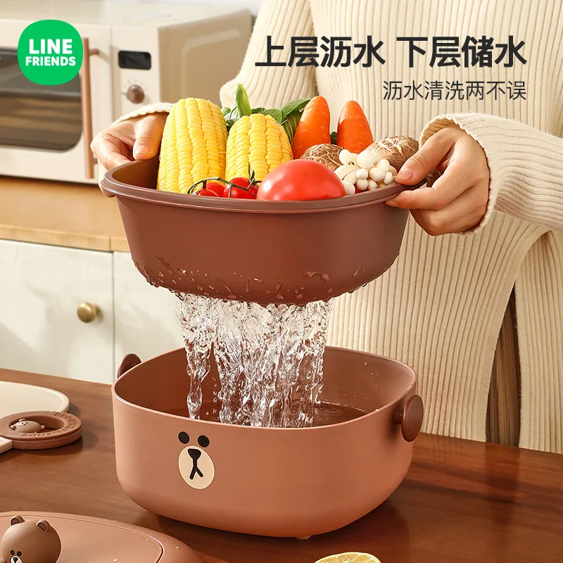 LINE FRIENDS Brown Double Layer Drain Basket  Anime Kawaii Home Cartoon with Cover Kitchen Vegetable Fruit Wash Filter Basket