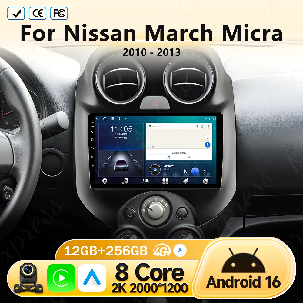 Android 16 Audio Video For Nissan March MICRA 2010 2011 2012 8+256G Car Radio GPS Navigation Carplay Auto GPS Multimedia Player