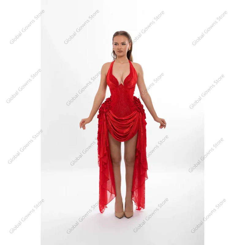 2027 Luxury Red Lace Mini Evening Dresses 3D Flowers Halter Pleats Homecoming Prom Gown Ruffle Party Dresses Customized