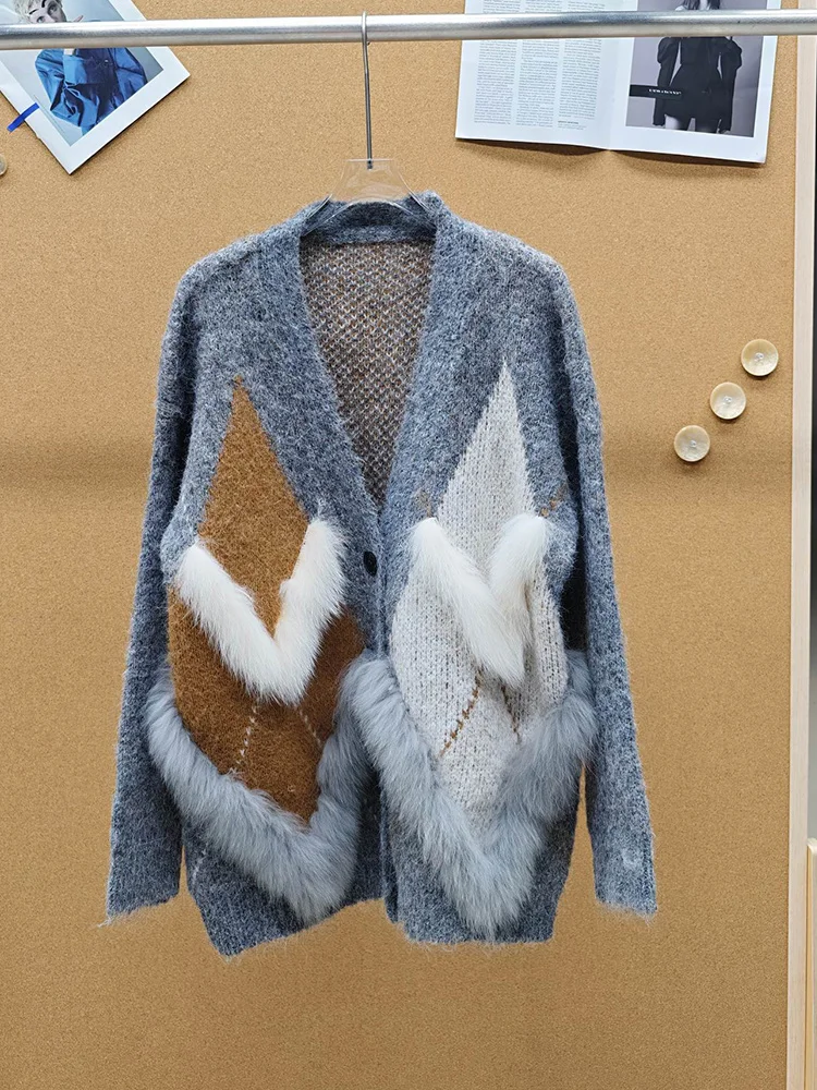 2026 Autumn Spring Cardigan Sweater Women Coat Real Fox Fur Knitted Sweater Loose Long Sleeves Female Coats