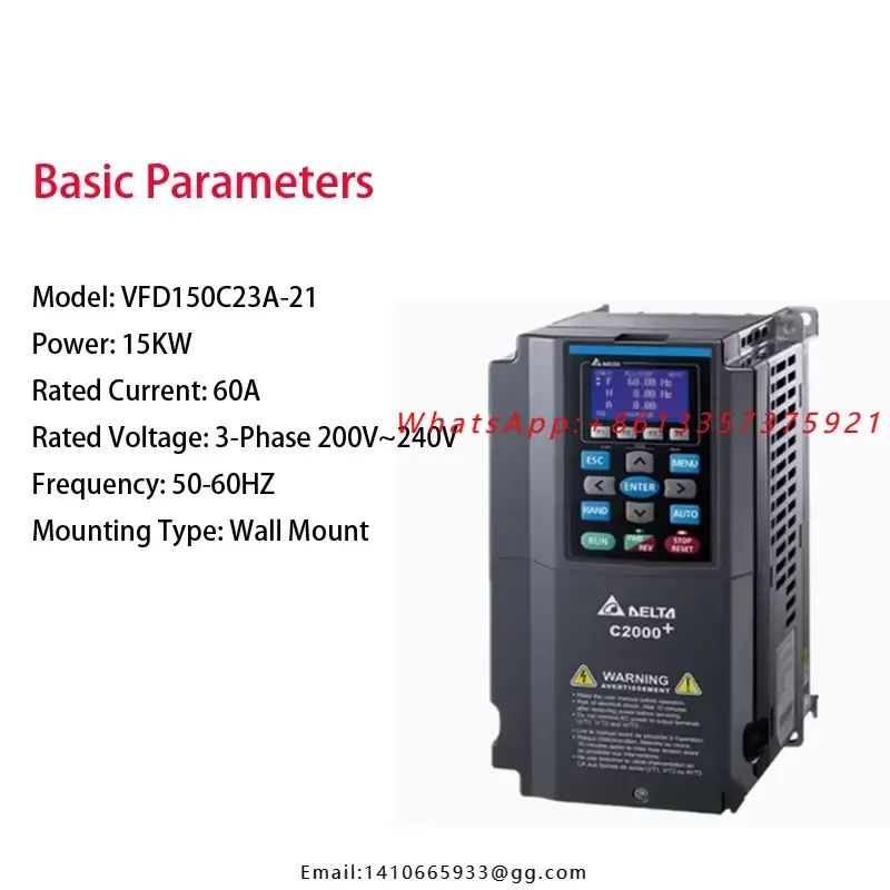 100% VFD150C23A-21 15KW Wall Mount AC Inverter 3 Phase 200 240V VFD Drive for Industrial Motor Speed Control