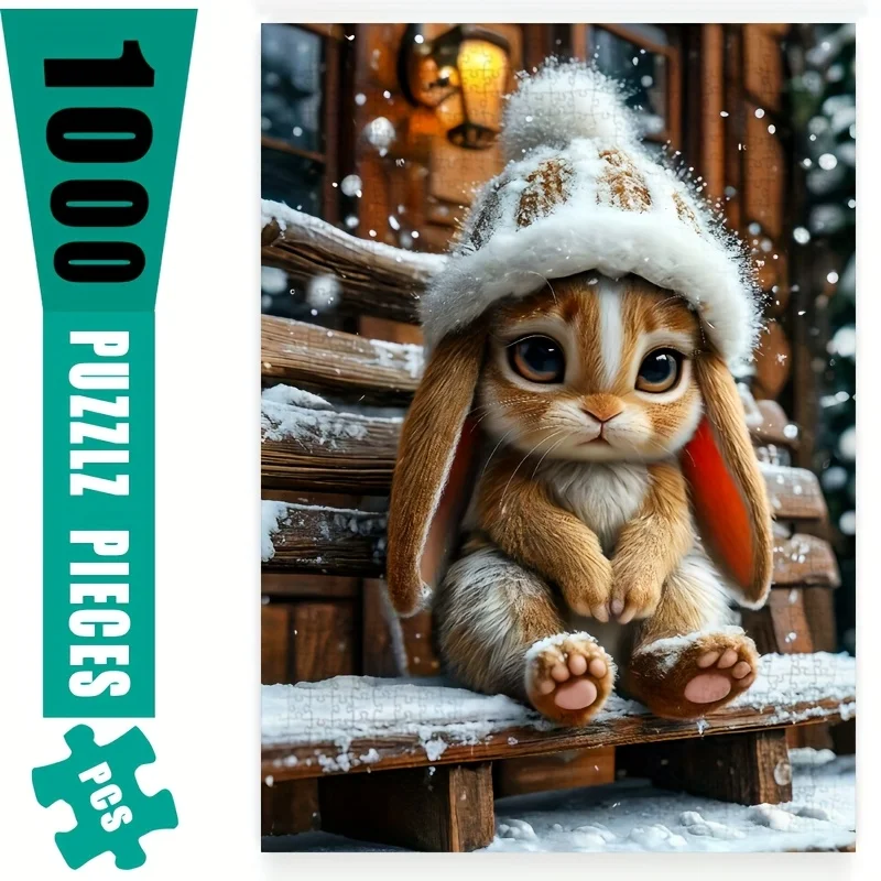 Puzzle zimowe z królikami - 1000 elementów, trudna gra DIY dla dorosłych i rodzin, biały prostokątny kształt z motywem śnieżnego krajobrazu