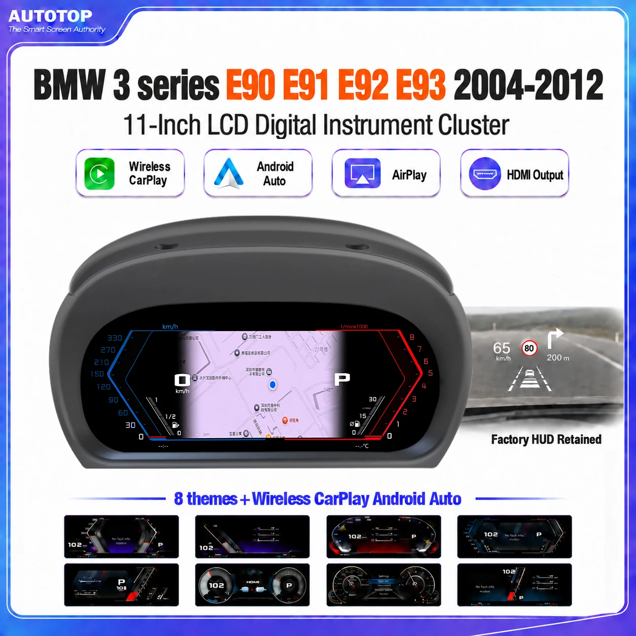 AUTOTOP, display digitale da 11" per il cruscotto di BMW Serie 3 E90 E91 E92 E93, modelli Coupé, Touring, Berlina e Cabriolet, anni 2004-2013, con CarPlay e Android Auto wireless, uscita HDMI, avvio