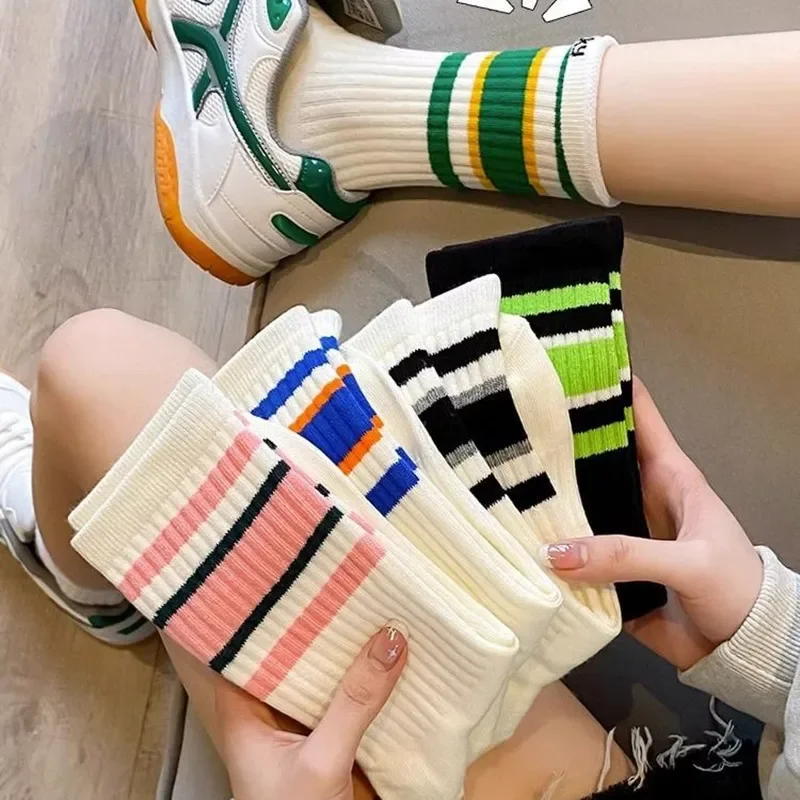 Candy Color Striped Socks for Woman Street Hip Hop Skateboard Striped Mid Tube Cotton Socks Breathable Sports Racing Cycling Sox