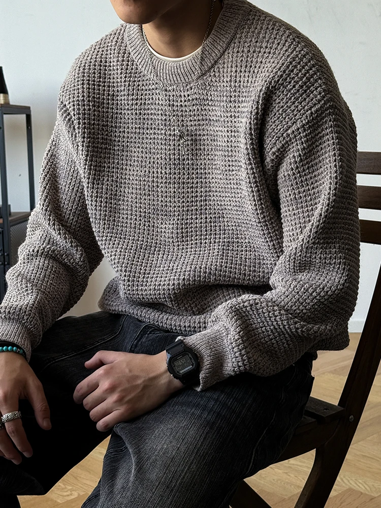 Japanese Style Heavyweight Chunky Knit Sweater For Men Fall Winter Solid Color Minimalist Round Neck Casual Pullover Trendy Male