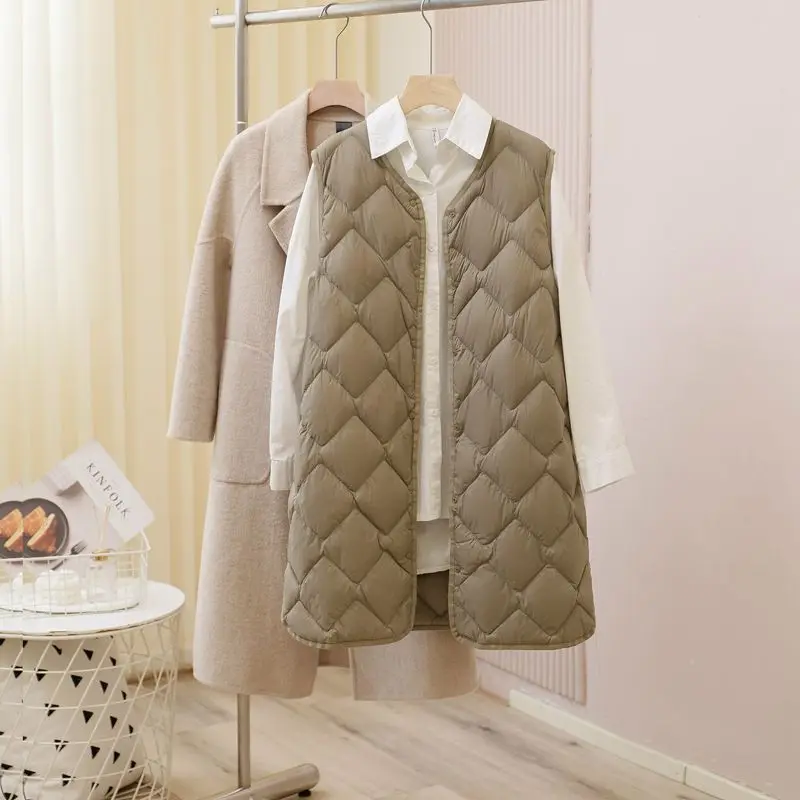 Gilet en duvet Du léger et chaud pour femme, gilet matelassé mi-long, blanc 90%, remplissage en duvet, fin, automne et hiver