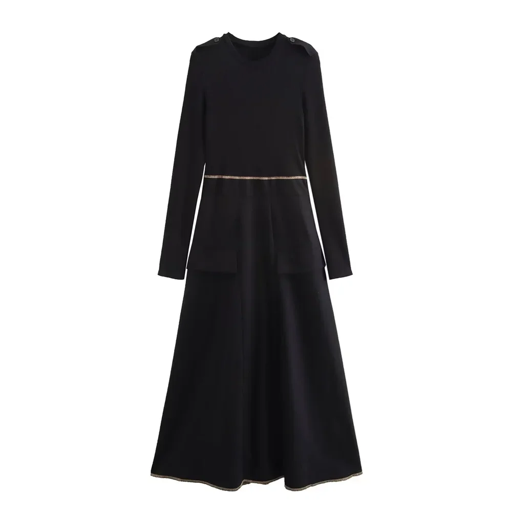 

LIBIELIY 2025 Loose Long Sleeved Patchwork Long Sleeved Round Neck Dress Autumn And Winter New Women's Item