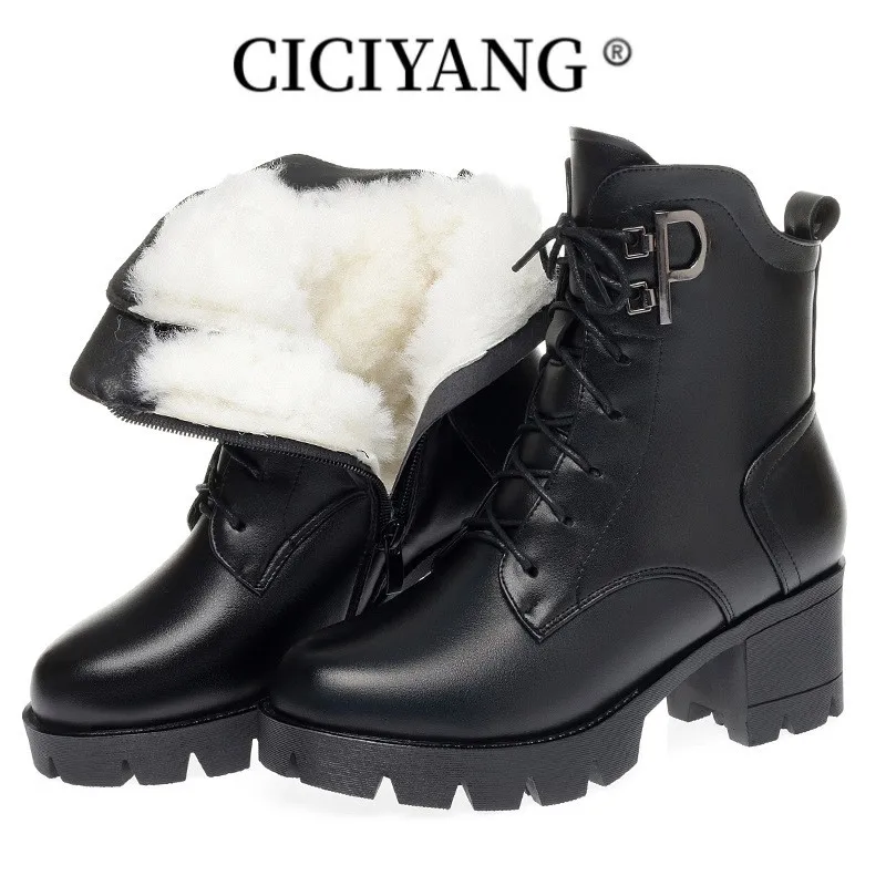 CICIYANG Women Winter Boots Large Size New Natural Wool Warm Women Snow Boots Mid-heel Marton Genuine Leather Women Short Boots