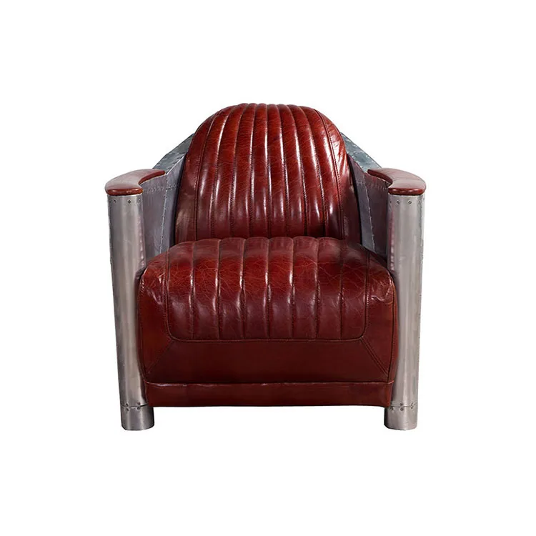 Vintage Aluminum Back Armchair Swivel Genuine Leather Aviator Chair