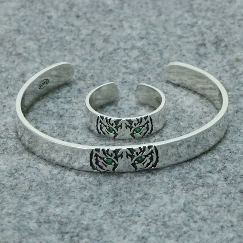 

China-Chic S925 Sterling Silver Year of Tiger Lovers' Bracelet Fashion Punk Style Ring Women's Versatile Chaoren Jewelry Silver