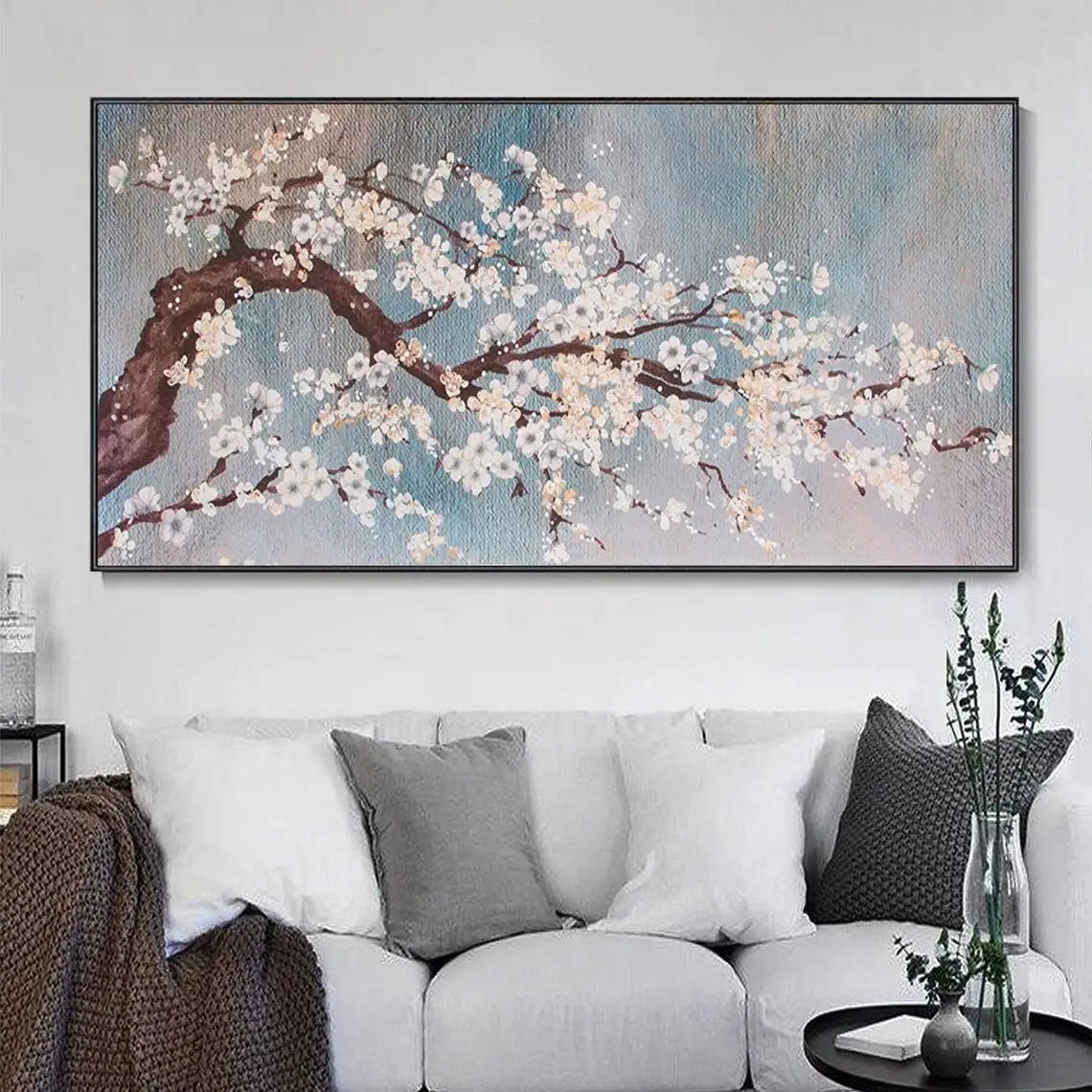 

Large 3D Blooming Plum Large Oil Painting Handmade Canvas Thick Textured Trees Paintings Pink Flower Wall Art Landscape Artwork