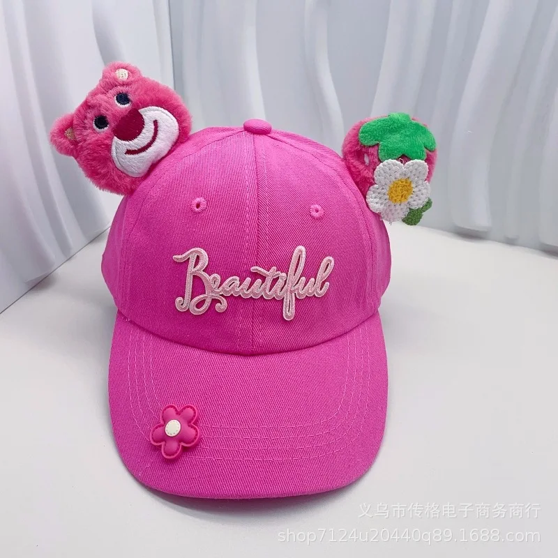 Miniso Lotso Kawaii Pink Baseball Cap Cartoon 3D Bear Fisherman Hat with Ears Children\'s Gift Hat Circumference 50-52Cm