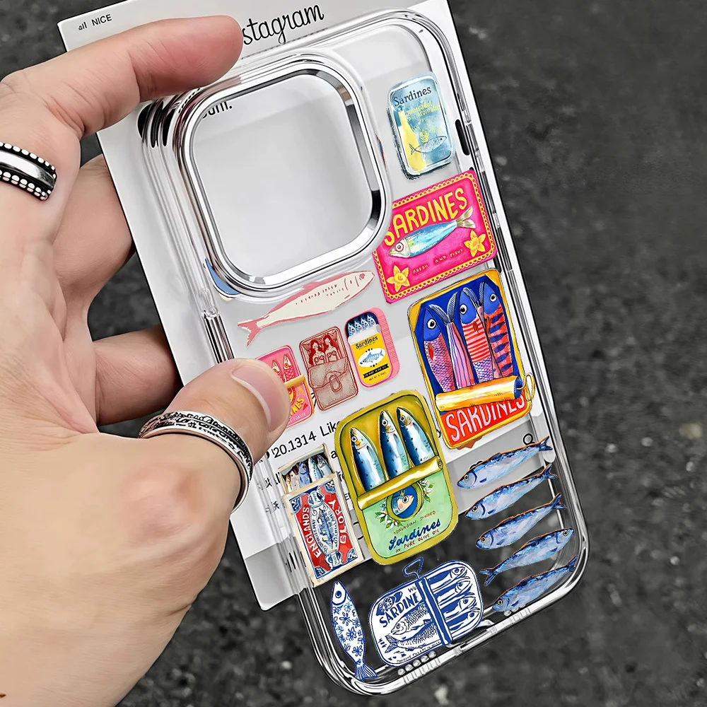 Fish Funny Sardines Laser Phone Case For IPhone 17 16e 16 15 14 13 12 11 Mini Pro Max X XR XSMAX 8 7 Air Plus Transparent Cover