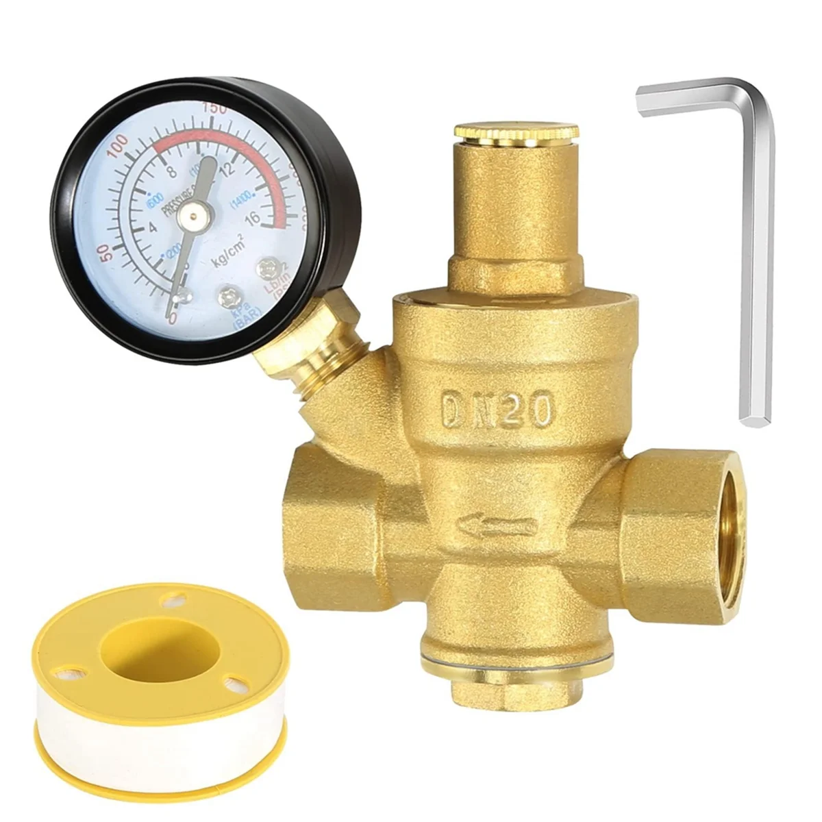 Water Pressure Regulator 3/4In with Gauge, Adjustable Water Pressure Reducing Valve for Water Pressure Regulator DN20