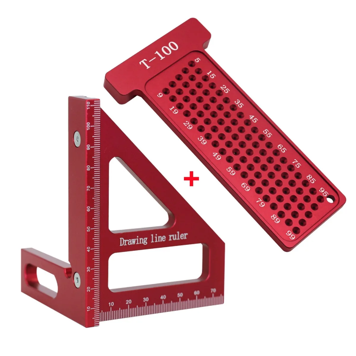 Woodworking triangle ruler + T-shaped hole ruler, measuring layout metric, imperial, aluminum alloy tools