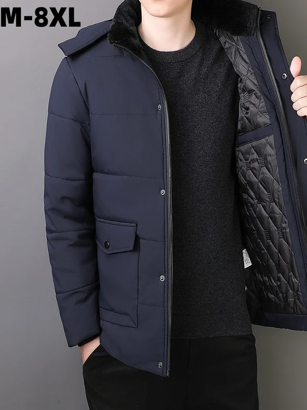 

Утепленная зимняя хлопковая куртка очень большого размера для мужчин среднего и старшего возраста, повседневная, свободного кроя, со съемным капюшоном, деловой стиль.