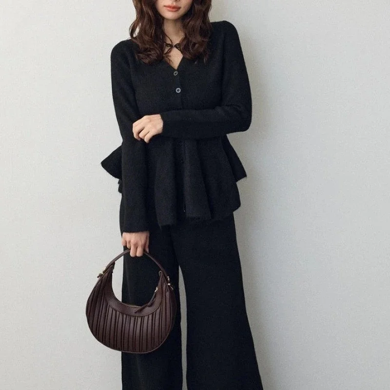 

V Neck Ruffle Knit Top And Pants Two Piece Set Elegant Soft Casual Chic Outfit For Women Office Date Night Travel Summer Gift