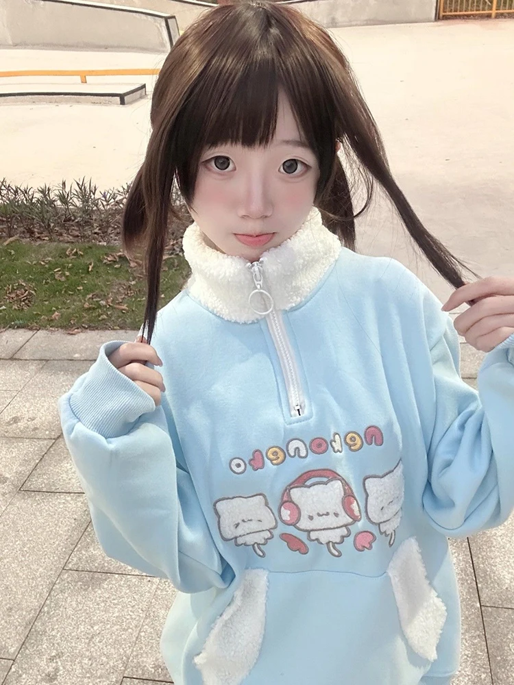Sudaderas con estampado de dibujos animados japoneses para mujer, jerséis con media cremallera, subcultura Kawaii, camisetas nuevas de moda estética bonita Harajuku